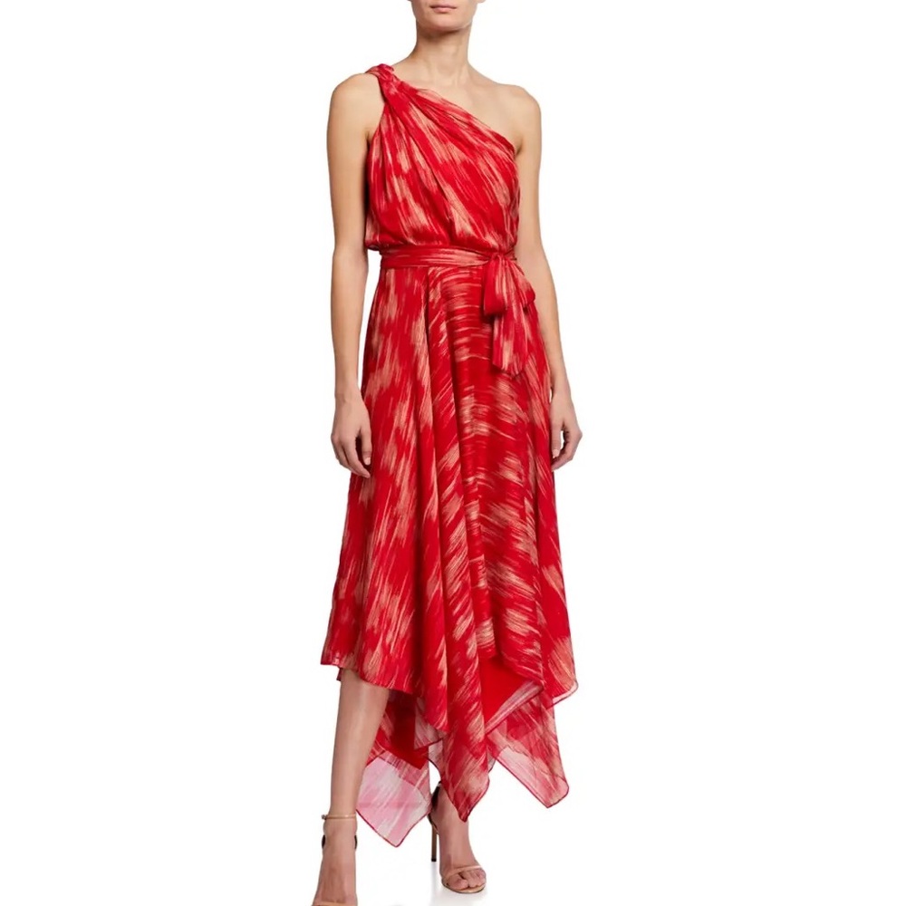 Halston Georgette Handkerchief Dress Braided One Shoulder Red Size 8 New